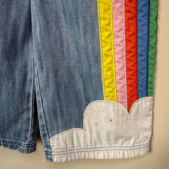 MINI BODEN Denim Rainbow Overalls Jumpsuit 6-7 122cm Blue Overall Clouds Bows - Picture 7 of 10